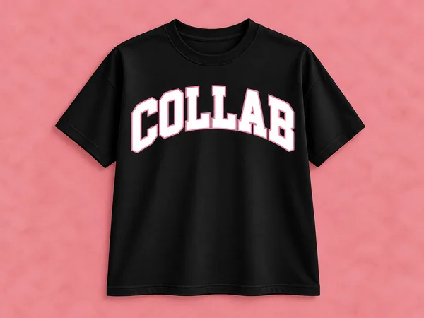 Black COLLAB Short Sleeve Tee Black COLLAB Short Sleeve Tee, black short-sleeve crewneck T-shirt with arched white COLLAB varsity lettering outlined in light pink