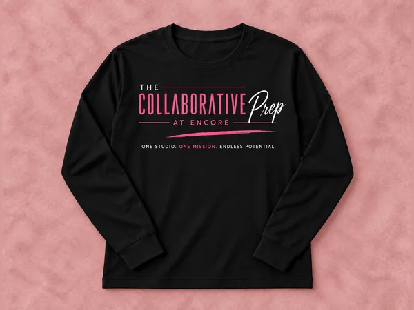 Black Collaborative Prep Long Sleeve Black Collaborative Prep Long Sleeve, long-sleeve shirt with pink and white Collaborative Prep at Encore front graphic and One studio. One mission. Endless potential