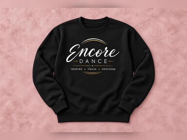Black Encore Dance Logo Crewneck Black Encore Dance Logo Crewneck, crewneck sweatshirt with white script Encore Dance logo, gold accents, and Inspire Train Perform