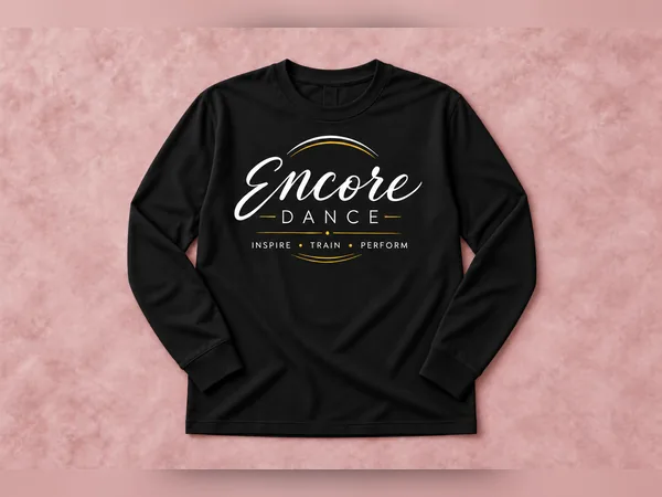 Black Encore Dance Logo Long Sleeve Black Encore Dance Logo Long Sleeve, long-sleeve shirt with white script Encore Dance logo, gold accents, and Inspire Train Perform