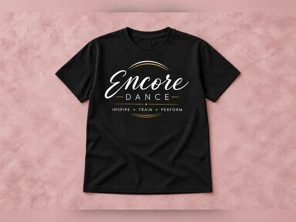 Black Encore Dance Logo Tee Black Encore Dance Logo Tee, short-sleeve tee with white script Encore Dance logo, gold accents, and Inspire Train Perform