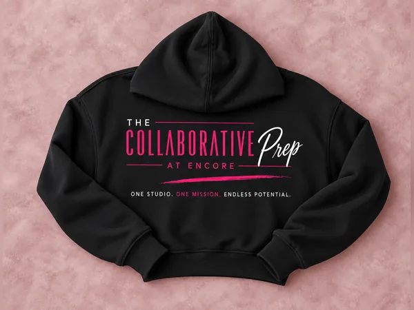 Black & Pink Collaborative Prep Hoodie Black & Pink Collaborative Prep Hoodie, hoodie with bright pink and white Collaborative Prep at Encore back graphic and One studio. One mission. Endless potential