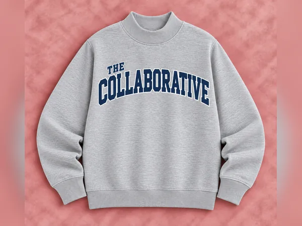 Collaborative Grey Mock-Neck Collaborative Grey Mock-Neck, heather gray mock-neck sweatshirt with navy THE COLLABORATIVE collegiate lettering outlined in white; THE positioned above the CO