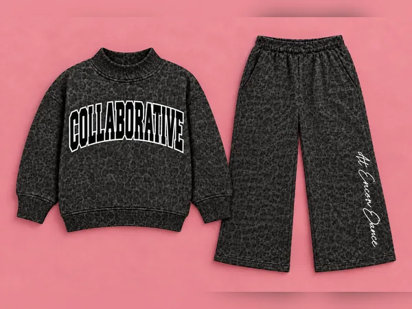 Collaborative Leopard Sweatshirt & Pants Set Collaborative Leopard Sweatshirt & Pants Set, mockneck with black Collaborative lettering and white outline; matching wide-leg pants with white At Encore Dance script down the lower outer leg