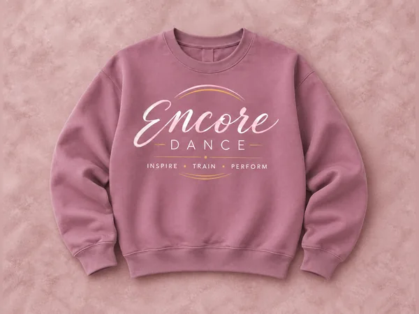 Mauve Encore Dance Logo Crewneck Mauve Encore Dance Logo Crewneck, crewneck sweatshirt with white script Encore Dance logo, gold accents, and Inspire Train Perform