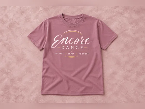 Mauve Encore Dance Logo Tee Mauve Encore Dance Logo Tee, short-sleeve tee with white script Encore Dance logo, gold accents, and Inspire Train Perform