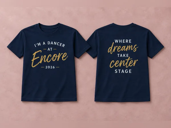 Navy Dancer Tee Navy Dancer Tee, front: I'm a Dancer at Encore, 2026. Back: Where dreams take center stage. White and gold lettering