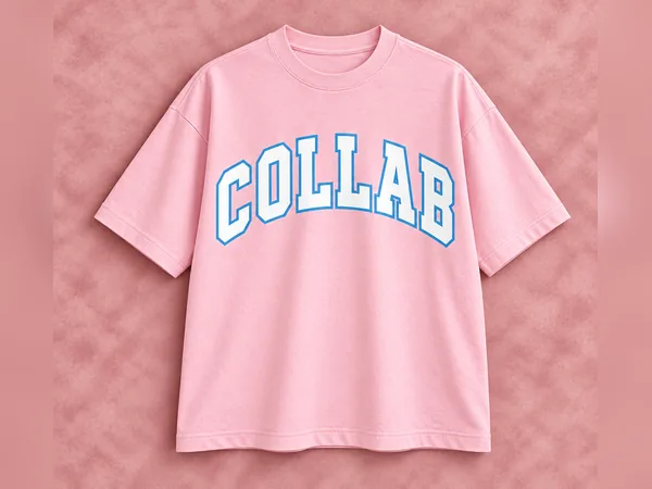 Pink COLLAB Crewneck Tee Pink COLLAB Crewneck Tee, pink short-sleeve crewneck T-shirt with arched white COLLAB varsity lettering outlined in powder blue
